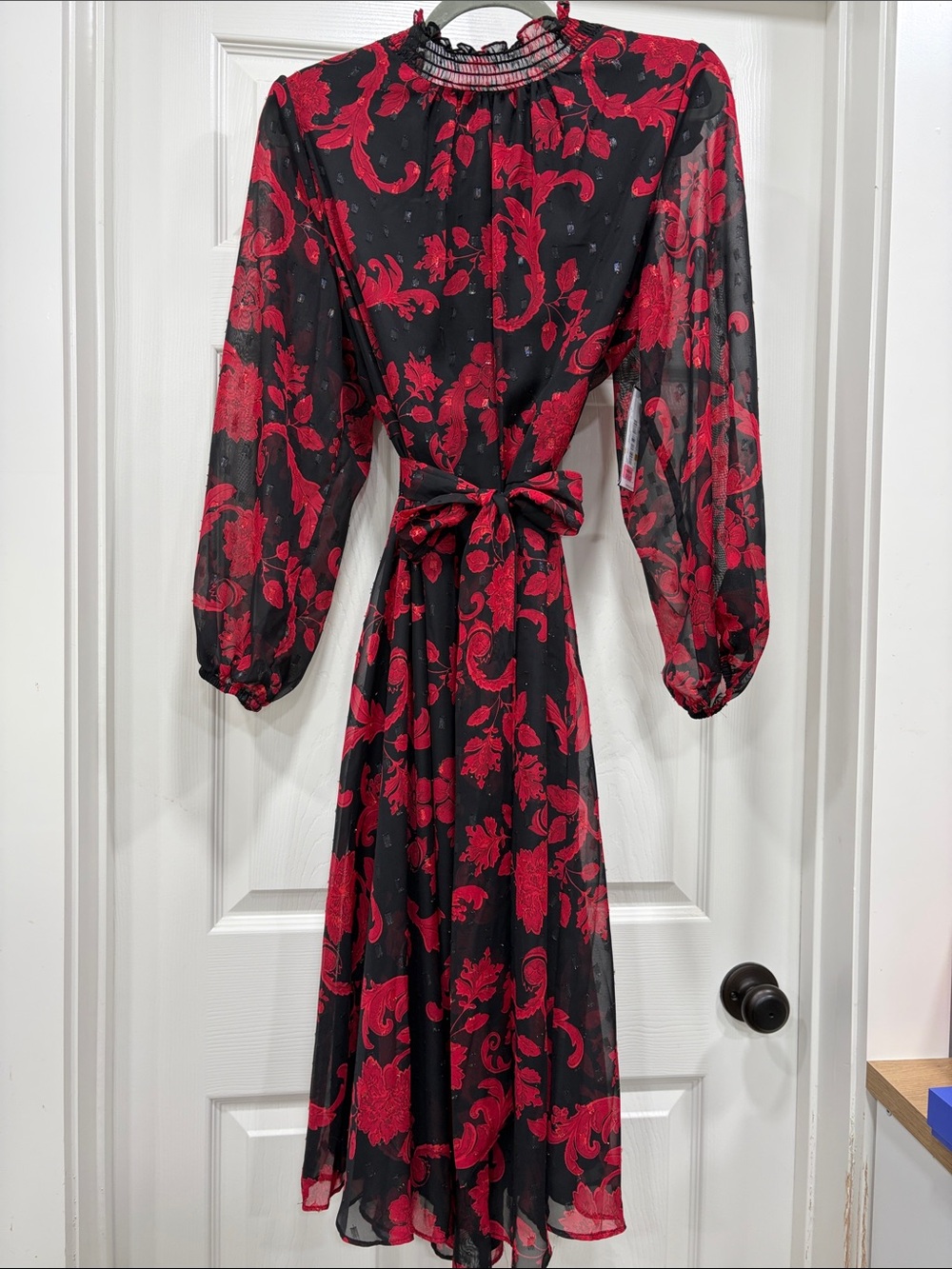 Jessica Howard Black Midi Dress with Red Floral Print and Tie Waist